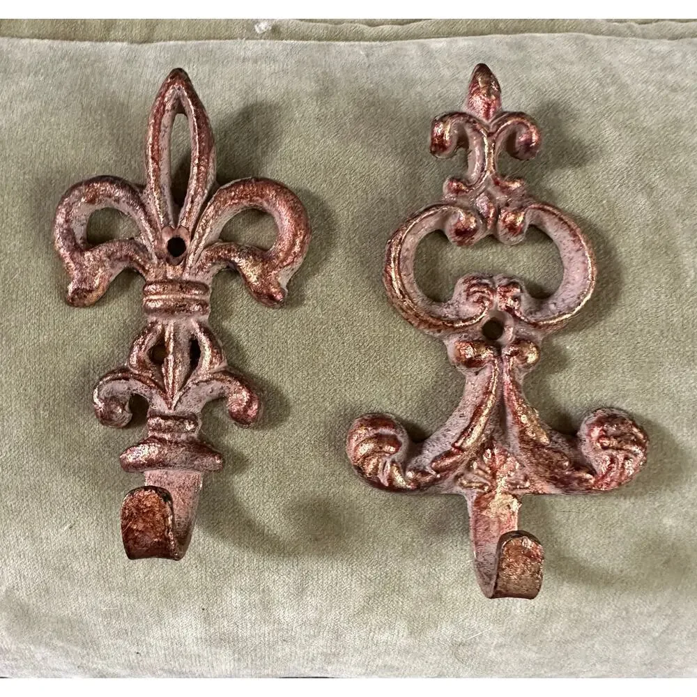 Vintage Wall Hooks, French style Decor gold metal ornate set of 2, 5x3”